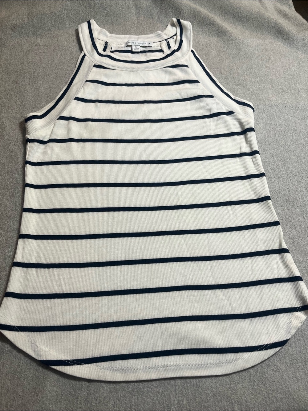 Threads 4 Thought White Tank with (Navy -Black)Horizontal Stripes